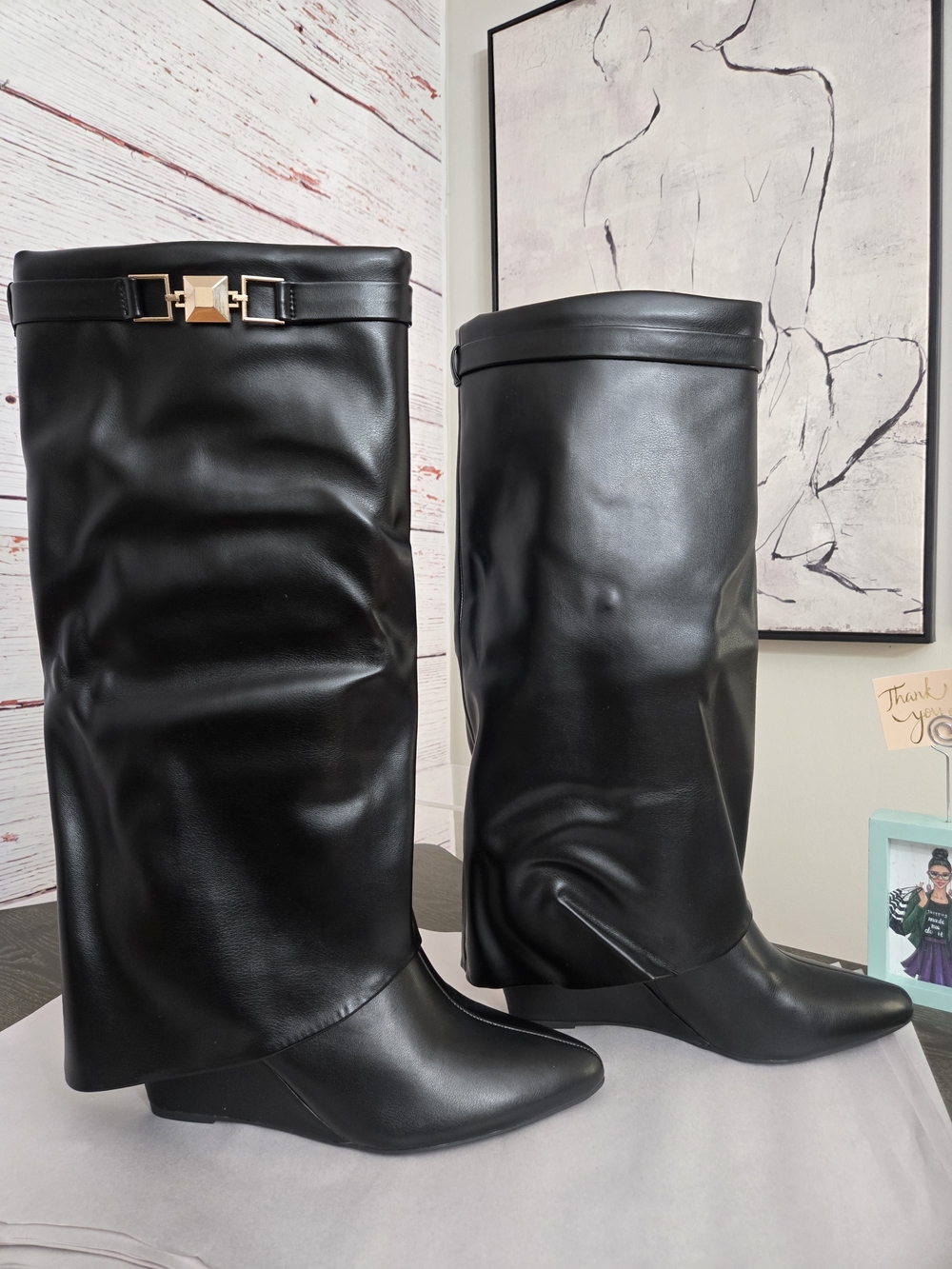 NWOB Dominique Nicole Zayla Black Tall Wedge Boots Size 12W